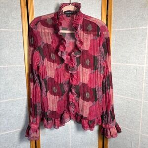 Claudia EV Ruffle Floral Blouse 12 Pink Pleated Sheer Whimsigoth V-Neck Top Y2K